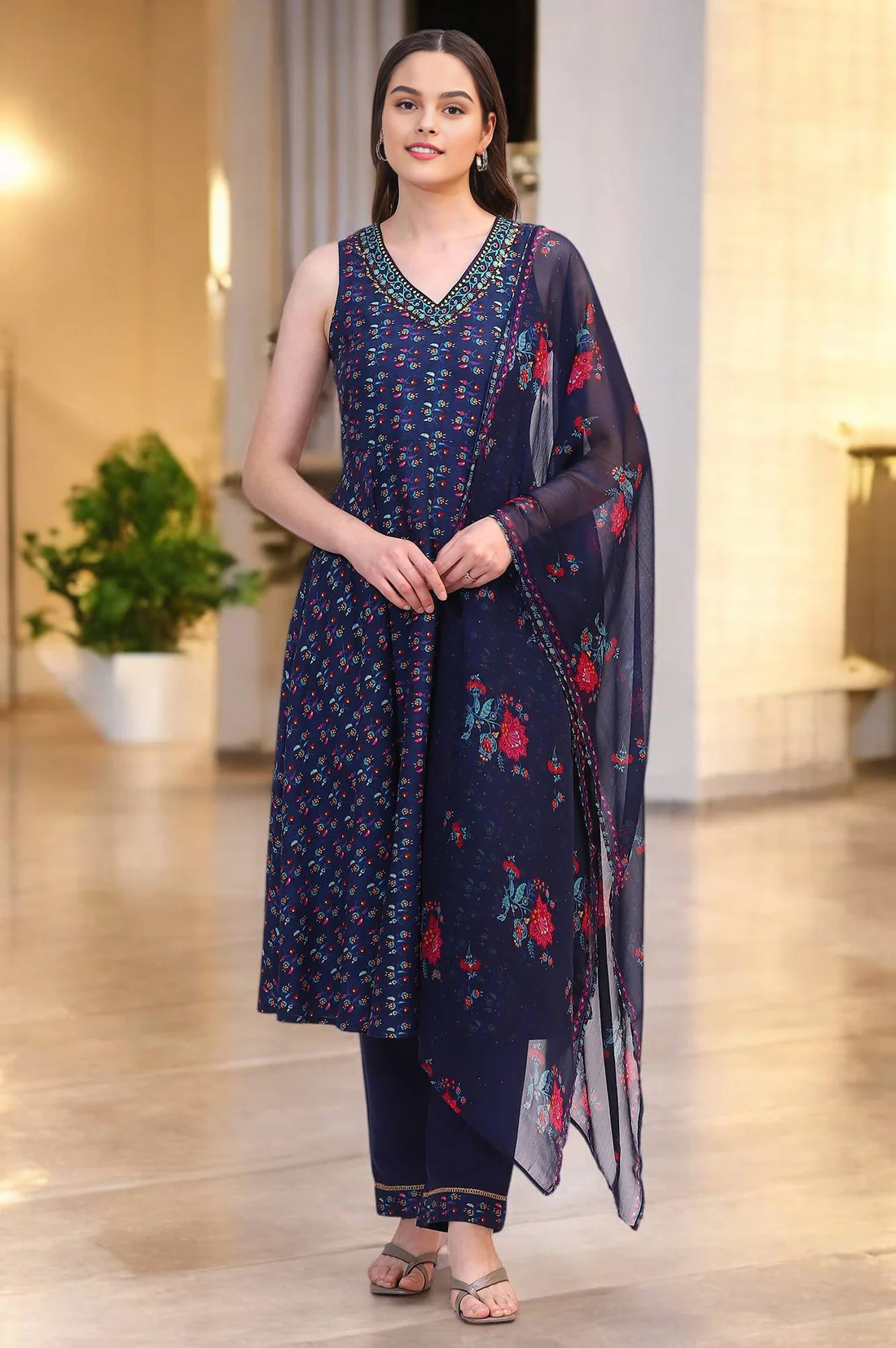 Deep Blue Floral Foil Printed Sleeveless Rayon Anarkali Kurta